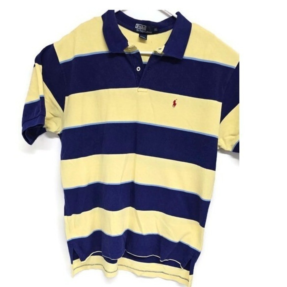 Polo Ralph Lauren Mens XL Striped Polo Shirt Navy Yellow Short Sleeve Cotton